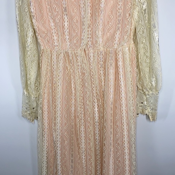 Vintage Alfred Angelo 60's Pink White Lace Long Sleeve High Neck Pioneer Dress - Picture 6 of 16